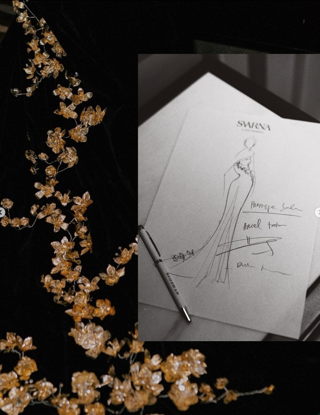 Dari unggahan Instagram Ariel diketahui jika gaun yang dikenakannya itu merupakan rancangan desainer Didiet Maulana. Gaun hitam yang diberi nama Senandung Puspa itu dipercantik dengan aksen bunga-bunga kecil berwarna gold. Foto: Instagram/@arieltatum