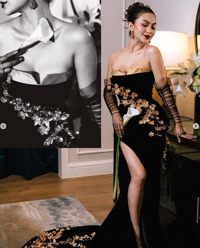 Dari keterangan unggahannya Ariel menyebut jika riasan wajah dan gayya rambutnya itu terinspirasi dari Hollywood Klasik di era tahun 1950-an. Riasan glam look dipadukan dengan lipstik merah tua membuat penampilan Ariel makin mempesona. Foto: Instagram/@arieltatum