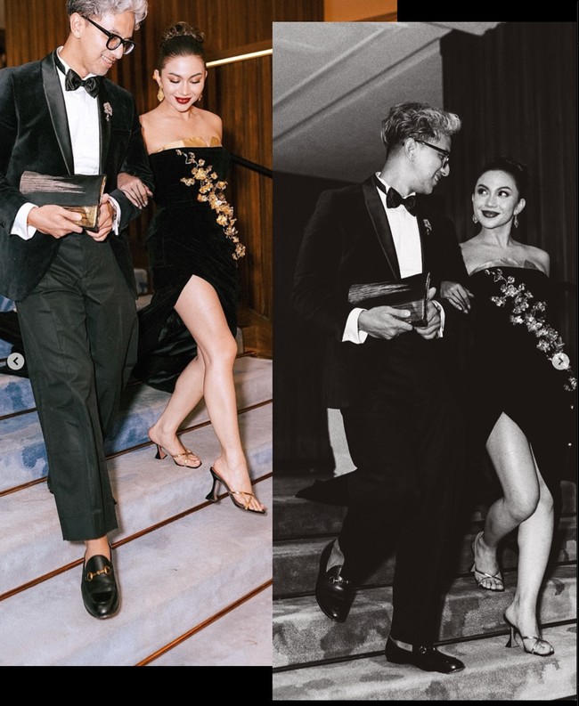 Tampil formal namun tetap terlihat santai, Ariel memilih mengenakan heels model sandal berwarna gold, senada dengan gaun dan anting yang dikenakannya. Foto: Instagram/@arieltatum