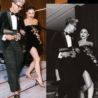 Tampil formal namun tetap terlihat santai, Ariel memilih mengenakan heels model sandal berwarna gold, senada dengan gaun dan anting yang dikenakannya. Foto: Instagram/@arieltatum