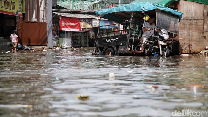 Sejumlah warga beraktivitas saat banjir rob kawasan Muara Angke, Jakarta Utara, Jumat (13/12/2024). Banjir rob sejak pagi itu kembali merendam permukiman dengan ketinggian air 30 - 50 cm.