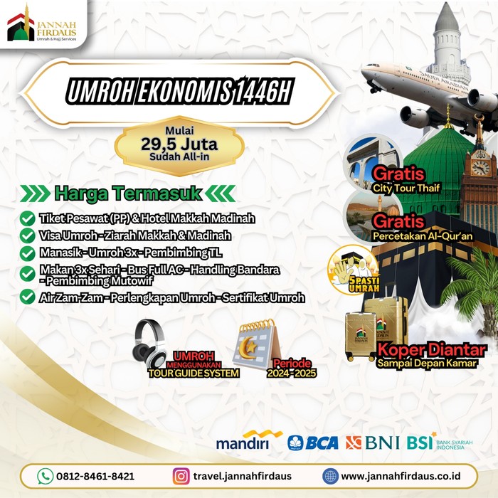 Jannah Firdaus Tour & Travel Jannah Firdaus Tour & Travel : Umroh Ekonomis 1446H Mulai Dari 29,5jt