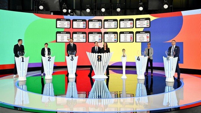 ZURICH, SWITZERLAND - DECEMBER 13: (L-R) Robert Pires, Ariane Hingst, Fernando Llorente, FIFA Chief Tournament Officer FIFA World Cup 26, Manolo Zubiria, Semra Hunter, Rachel Yankey and Gianluca Zambrotta during the FIFA World Cup 2026: European Qualifier Draw at the Home of FIFA on December 13, 2024 in Zurich, Switzerland. (Photo by Harold Cunningham - FIFA/FIFA via Getty Images)