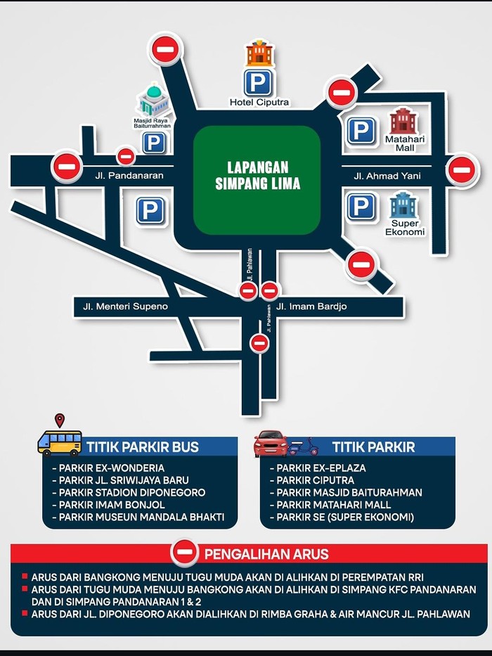 Rencana pengalihan arus jelang apel siaga bencana Baznas RI di Simpang Lima Semarang, Jumat (13/12/2024).