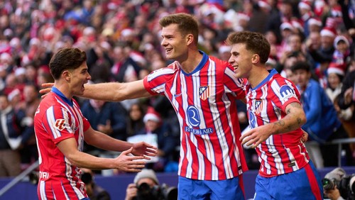 MADRID, SPAIN - DECEMBER 15: Alexander Sorloth of Atletico de Madrid celebrates with Julián Álvarez and Pablo Barrios after scoring the teams first goal during the LaLiga EA Sports match between Atletico de Madrid and Getafe CF at Riyadh Air Metropolitano on December 15, 2024 in Madrid, Spain. (Photo by Angel Martinez/Getty Images)