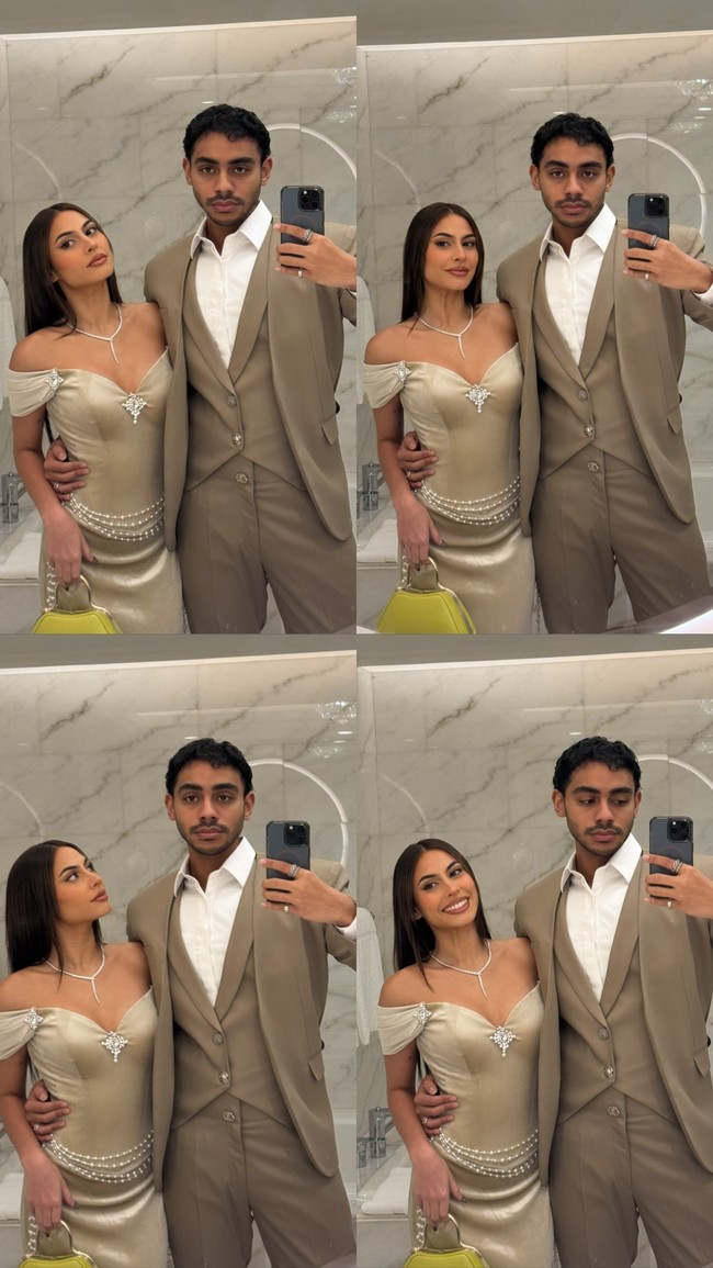 Valerie Thomas pun mengunggah momen dirinya tampil menjadi pendamping anak bungsu Menteri Koordinataor Bidang Pangan Zulkifi Hasan, Rafi Haikal. Valerie berpose selfie menghadap kaca bersama Rafi. Foto: Dok. Instagram