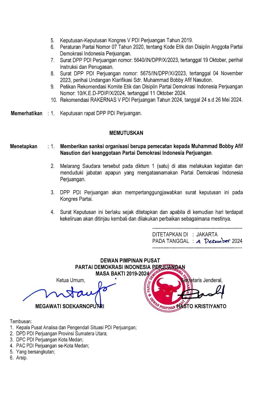 Kabar mengejutkan datang dari Partai Demokrasi Indonesia Perjuangan (PDIP). PDIP mengeluarkan surat keputusan terkait pemecatan Bobby Nasution. (Istimewa)