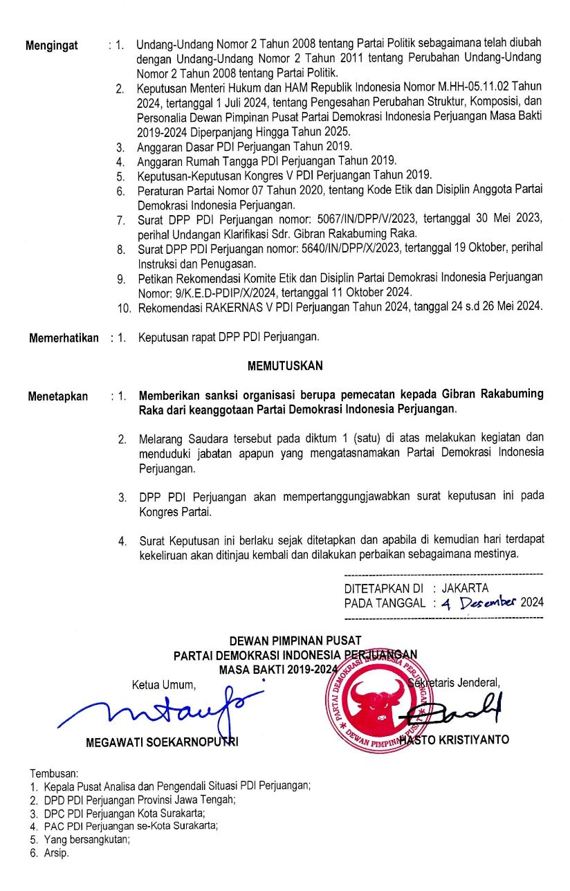 Kabar mengejutkan datang dari Partai Demokrasi Indonesia Perjuangan (PDIP). PDIP mengeluarkan surat keputusan terkait pemecatan Gibran Rakabuming Raka. (Istimewa)