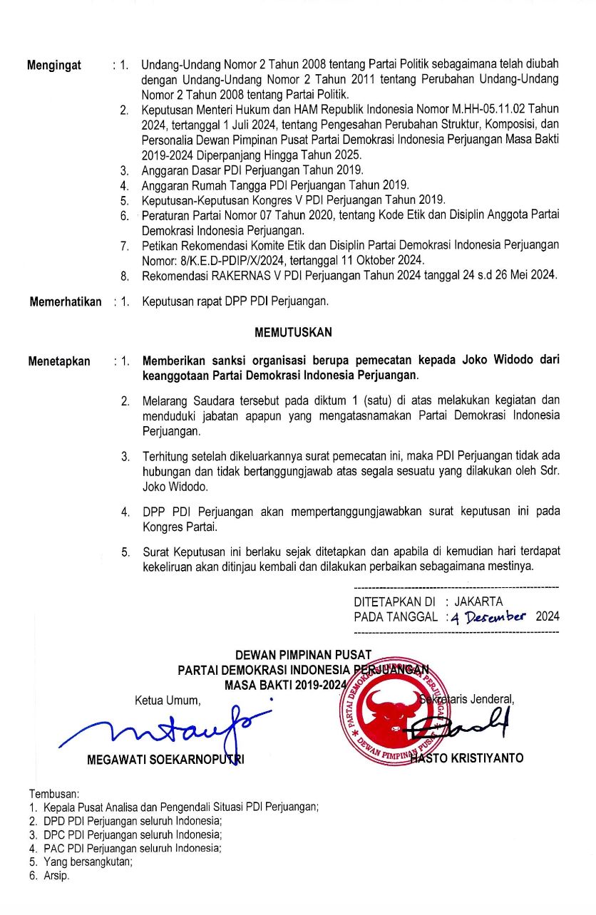 Kabar mengejutkan datang dari Partai Demokrasi Indonesia Perjuangan (PDIP). PDIP mengeluarkan surat keputusan terkait pemecatan Joko Widodo (Jokowi). (Istimewa) Kabar mengejutkan datang dari Partai Demokrasi Indonesia Perjuangan (PDIP). PDIP mengeluarkan surat keputusan terkait pemecatan Joko Widodo (Jokowi). (Istimewa)
