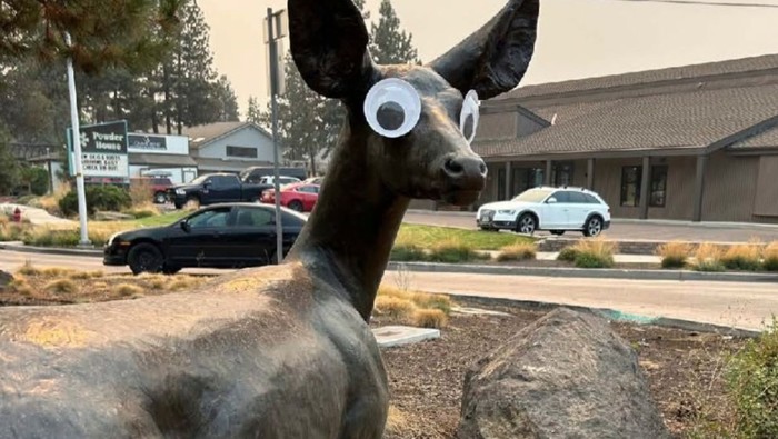 Landmark dan karya seni di Bend, Oregon, Amerika Serikat, yang ditempeli mata googly.