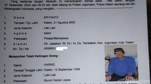 Surat laporan ke Polsek Jogonalan terkait hilangnya S warga Desa Tambakan, Klaten.