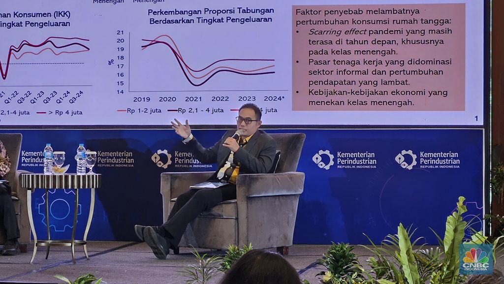 Direktur Eksekutif Center of Economic Reform (CORE) Indonesia, Mohammad Faisal, dalam acara Outlook Sektor Industri Kimia, Farmasi dan Tekstil Tahun 2025 oleh Kementerian Perindustrian (Kemenperin) di Yogyakarta, Selasa (17/12/2024). (CNBC Indonesia/Thea Fathanah Arbar)