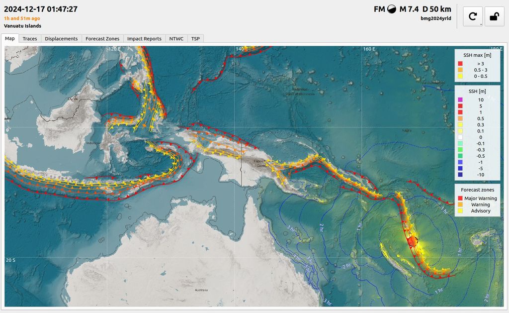 Gempa bumi dengan magnitudo M7,5 mengguncang barat daya Kepulauan Vanuatu di Pasifik pada Selasa (17/12/2024) sekitar pukul 08.47.24 WIB. (Dok. BMKG)