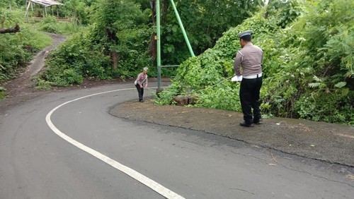 Polisi melakukan olah TKP di lokasi kecelakaan tunggal di jalan Desa Kaliasem menuju Desa Tigawasa, Banjar Dinas Punggang, Desa Kaliasem, Kecamatan Banjar, Kabupaten Buleleng, Bali, Senin (16/12/2024). (Foto: Dok. Polsek Banjar)