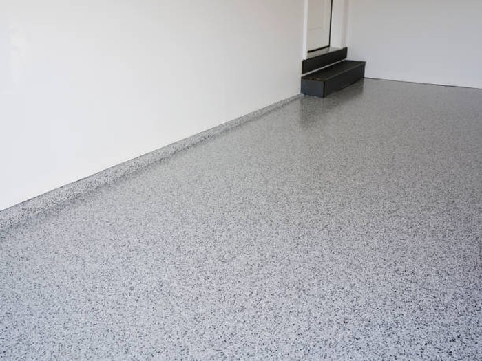 A freshly coated epoxy garage floor.
