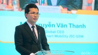 Global CEO Green and Smart Mobility Joint Stock Company, Thanh Nguyen saat memberikan kata sambutan dalam peluncuran Xanh SM.  