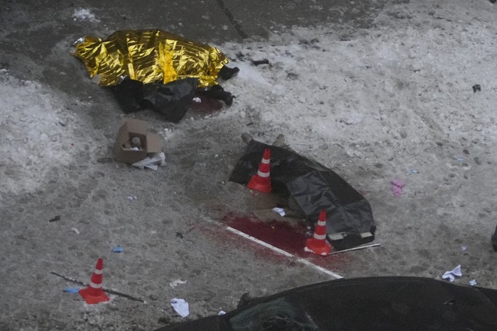 A view of the place where Lt. General Igor Kirillov, the head of Russias Nuclear, Biological, and Chemical Defence Forces and his assistantIlya Polikarpov were killed by an explosive device planted close to a residential apartments block in Moscow, Russia, Tuesday, Dec. 17, 2024. (AP Photo)