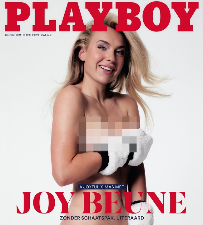 Sesuai dengan imej majalah tersebut, Joy Beune tampil seksi. Ia terlihat tidak menggunakan apapun selain sarung tangan.  Foto: Instagram Joy Beune
