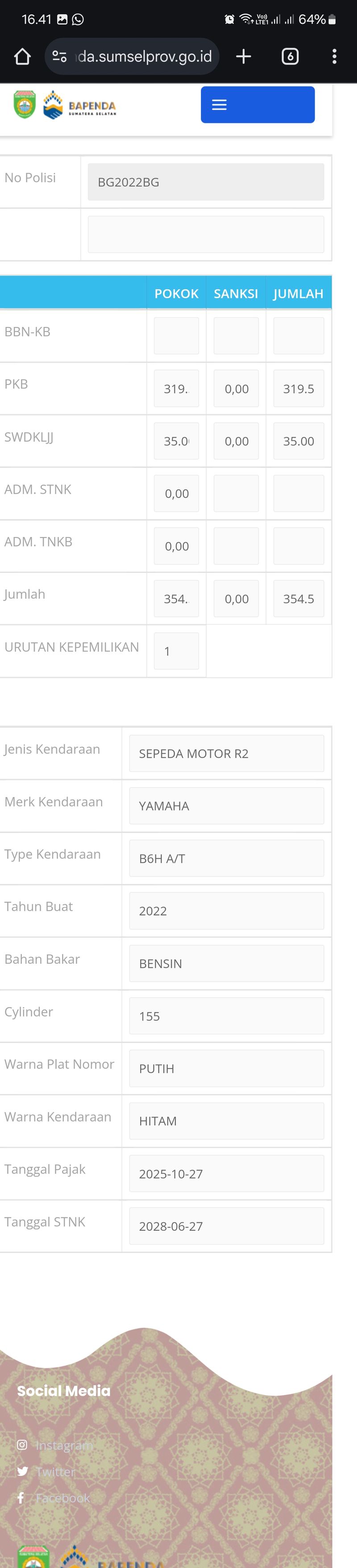 Tangkapan layar laman Bapenda Sumsel.