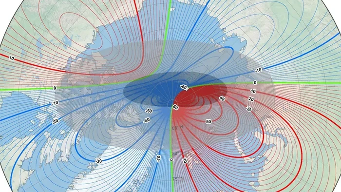 Tinjauan lebih dekat pada peta di atas menunjukkan kutub magnet utara (ditandai dengan tanda bintang putih tebal) sekarang lebih dekat ke Siberia daripada ke Kanada.