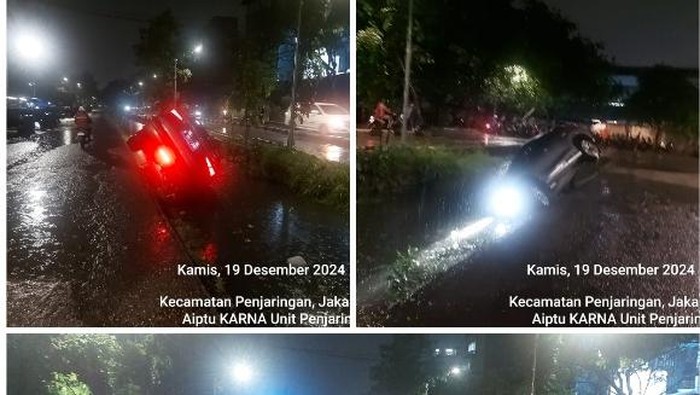Mobil sedan tercebur ke saluran air di Penjaringan, Jakut (dok. X @TMCPoldaMetro)