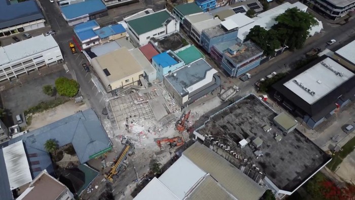 A drone view shows a collapsed building in the aftermath of a strong earthquake in Port Vila, Vanuatu, December 18, 2024, in this screengrab taken from a social media video. Jeremy Ellison/via REUTERS THIS IMAGE HAS BEEN SUPPLIED BY A THIRD PARTY. MANDATORY CREDIT. NO RESALES. NO ARCHIVES.