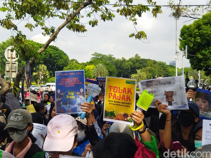 Sejumlah massa aksi melakukan demonstrasi di seberang Istana Merdeka memprotes kenaikan PPN 12 persen. Foto: Fadil/detikcom