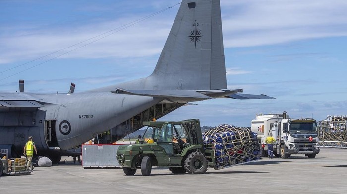 A Royal New Zealand Air Force Hercules C130 H is loaded up with supplies to deliver to Vanuatu, in Auckland, New Zealand, Wednesday, Dec. 18, 2024, following a strong earthquake that struck just off the coast of Vanuatu in the South Pacific Ocean, Tuesday, Dec. 17. (SGT Maria Eves/New Zealand Defence Force via AP)