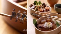 Wow! Di atas sumpit yang ditaruh di kotak makan kayu ini berjejer para pekerja konstruksi yang sedang asyik duduk. Foto: Bored Panda