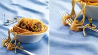 Pasta pun jadi bahan kreativitas Akiko dan Pierre. Mereka membuat pasta sebagai hal yang sedang diamati seperti ini. Foto: Bored Panda