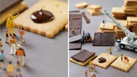 Menumpuk lapisan cokelat sebagai isian crackers pun bisa jadi pekerjaan yang sangat sulit di dunia miniatur. Foto: Bored Panda