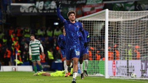 LONDON, ENGLAND - DECEMBER 19: Marc Guiu of Chelsea celebrates scoring his teams fourth goal and completing his hat-trick during the UEFA Conference League 2024/25 League Phase MD6 match between Chelsea FC and Shamrock Rovers FC at Stamford Bridge on December 19, 2024 in London, England. (Photo by Richard Heathcote/Getty Images)