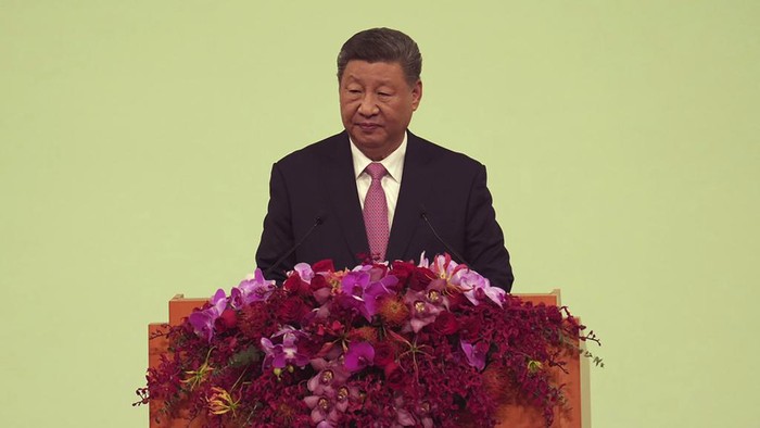 Chinese President Xi Jinping attends the inauguration of new Macau leader Sam Hou Fai, marking the 25th anniversary of Macaos handover from Portugal to China, in Macao, Friday, Dec. 20, 2024. (Justin Chan/Pool Photo via AP)