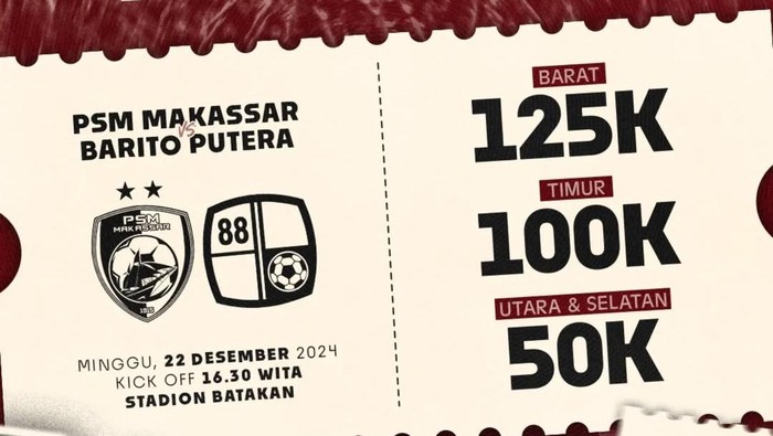 Tiket pertandingan PSM Makassar Vs Barito Putera dalam laga Liga 1 2024/2025.