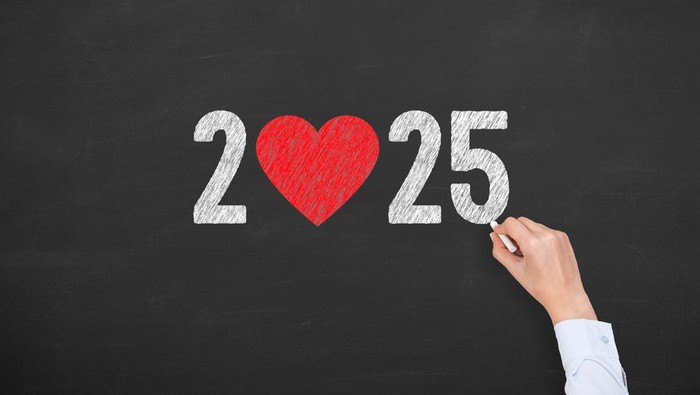 New Year 2025 with Heart Shape on Blackboard Background