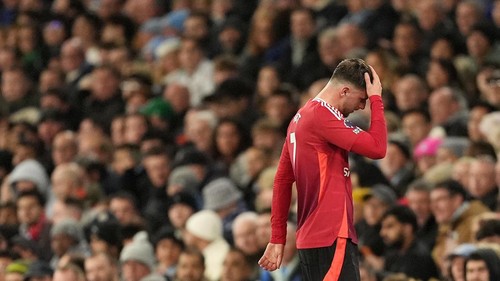 Manchester Uniteds Mason Mount appears dejected as he leaves the pitch after going down injured during the Premier League match at the Etihad Stadium, Manchester. Picture date: Sunday December 15, 2024. (Photo by Martin Rickett/PA Images via Getty Images)