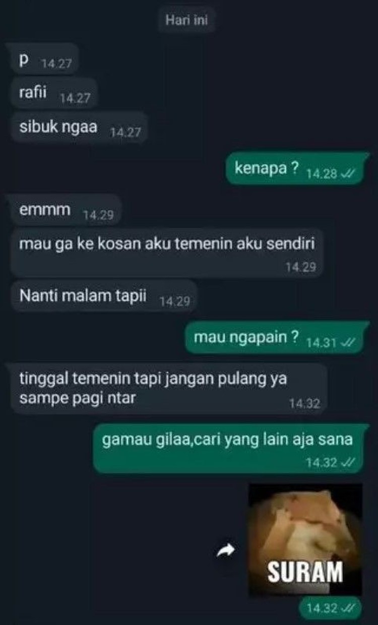 Ada saja kelakuan orang-orang yang bikin geleng-geleng kepala. Contohnya seperti chat absurd ngajak selingkuh dan pacaran berikut ini.