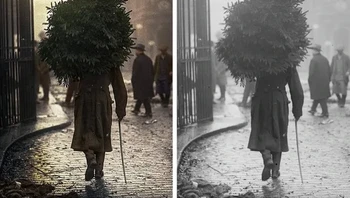 Potret orang membawa pulang pohon Natal di Chelsea, London tahun 1914. Foto: Mario Unger/Brightside