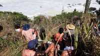 Dari semak-semak, wisatawan asyik menonton kejuaran selancar internasional Eddie Aikau Big Wave.  