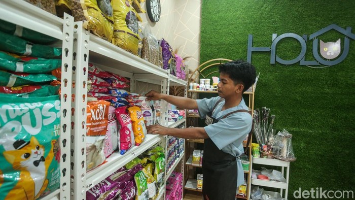 Petugas memberikan makan di Holu Pet Hotel & Salon, Sawangan, Depok, Senin (23/12/2024). Sesuai namanya, hotel ini menerima penginapan bagi semua jenis kucing mulai dari kucing lokal, persia, himalaya hingga egyptian mau.