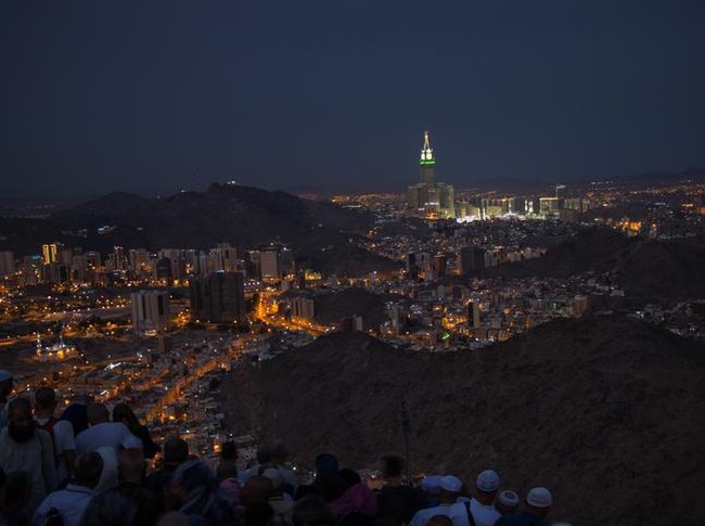 Puncak Jabal Nur Panoramic skyline distance view on City of Mecca at night from Mount Al-Noor. Jabal Al-Nour