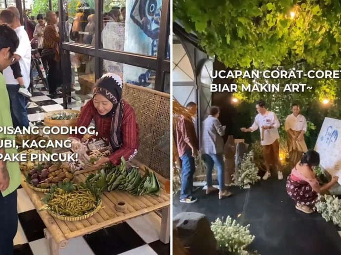 Resepsi pernikahan viral, ada aneka buah, sayuran hingga rempah-rempah yang bisa dibawa pulang oleh tamu undangan. Ada juga mainan jadul danjuga kudapan tradisional.
