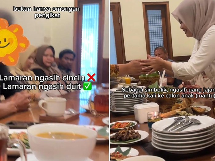 Acara lamaran viral, ibu dari keluarga pria memberikan uang untuk calon menantunya.