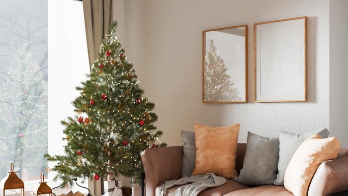 Christmas interior frame, living room poster empty in home design new year, element mockup annual holidays, 3d render