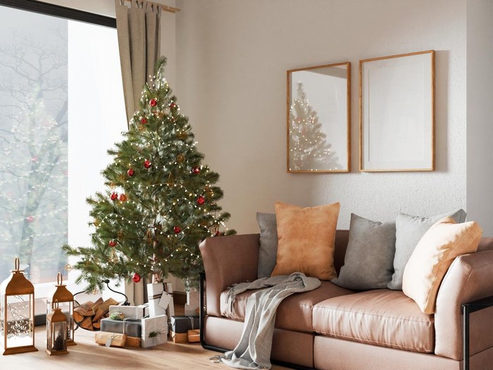 Christmas interior frame, living room poster empty in home design new year, element mockup annual holidays, 3d render