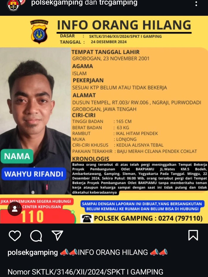 Polsek Gamping sempat menerbitkan Info Orang Hilang atas nama Wahyu Rifandi. Terungkap, dia kini sudah pulang ke Grobogan. Foto diunggah Selasa (24/12/2024).