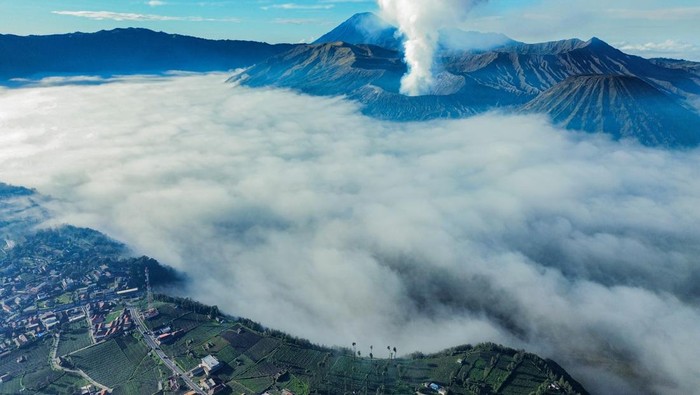 Foto udara kawasan Taman Nasional Bromo Tengger Semeru (TNBTS) di Kabupaten Probolinggo, Jawa Timur, Selasa (24/12/2024). Balai Besar TNBTS melakukan penambahan kuota kunjungan sebesar 1.000 orang per hari berlaku pada 23 Desember sampai 2 Januari 2024 untuk menyambut libur Natal 2024 dan Tahun Baru 2025. ANTARA FOTO/Irfan Sumanjaya/foc.