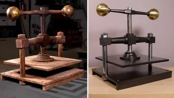 “Saya merestorasi mesin cetak buku antik yang sudah berkarat ini.” Foto: Boredpanda