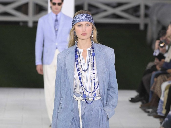 Model on the runway at Ralph Lauren RTW Spring 2025 as part of New York Ready to Wear Fashion Week on September 5, 2024 in East Hampton, New York.  (Photo by Giovanni Giannoni/WWD via Getty Images)