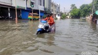 eorang pengendara mendorong motornya setelah tejebak banjir di Jalan Pepelegi.